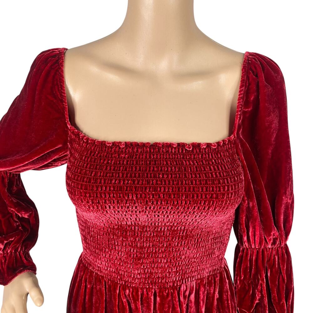Reformation Red Crimson Velvet Smocked Juliet Sleeve Mini Dress S Whimsigoth - Picture 5 of 11